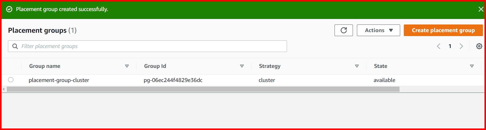 Picture showing the placement group created in aws console
